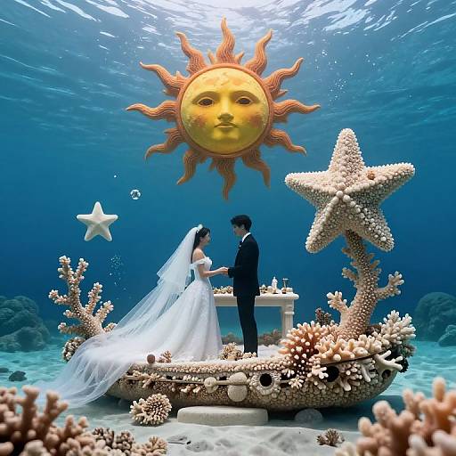 Photograph of a bride in white gown and veil, holding hands with groom in black suit, standing on coral island with starfish and sun face,