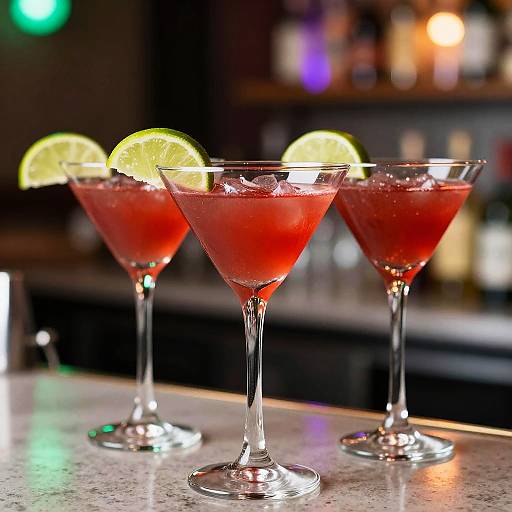 Photograph of three vibrant red margaritas with lime slices in martini glasses, placed on a marble bar counter, with a blurred background of colorful