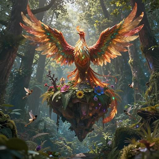 Digital fantasy artwork of a vibrant, fiery phoenix with multicolored wings, perched on a flower-adorned rock in a lush, sunlit