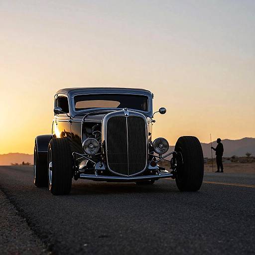 Photograph of a classic chrome vintage car with large tires, front-facing on an empty road at sunset, silhouetted against a yellow-orange sky