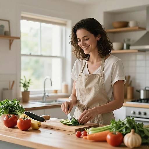 Photograph of a smiling, curly-haired woman in a white apron chopping vegetables on a wooden kitchen counter, surrounded by fresh produce. Bright, sun