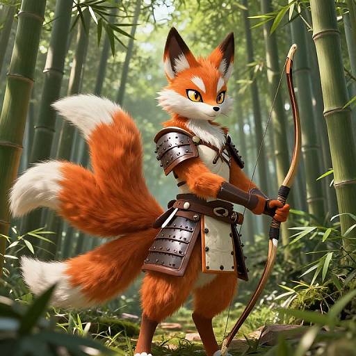 Digital art of an anthropomorphic, orange-furred fox archer with white-tipped tail, wearing leather armor, standing in a sunlit bamboo forest