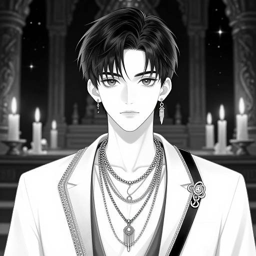 Monochromatic anime-style drawing of a handsome young man with dark hair, wearing a white suit, multiple necklaces, and earrings, standing in a