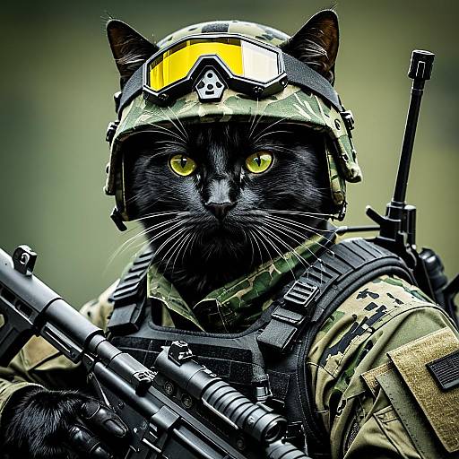 Black Cat in Military Gear Holding Rifle