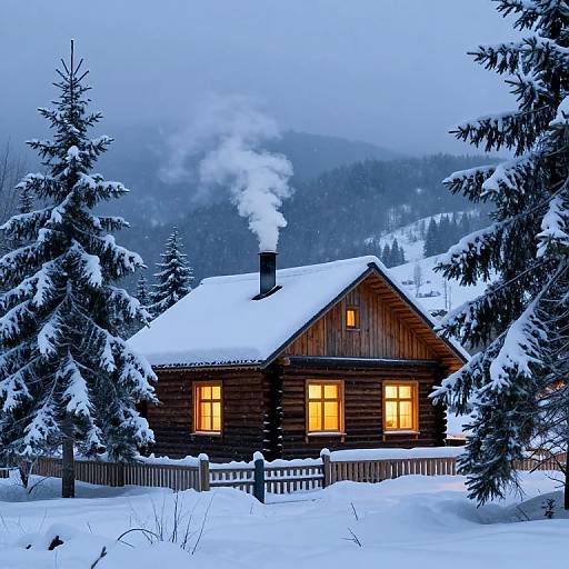 Photograph of a wooden log cabin with glowing yellow windows, smoke rising from the chimney, surrounded by snow-covered pine trees and a wooden fence, in