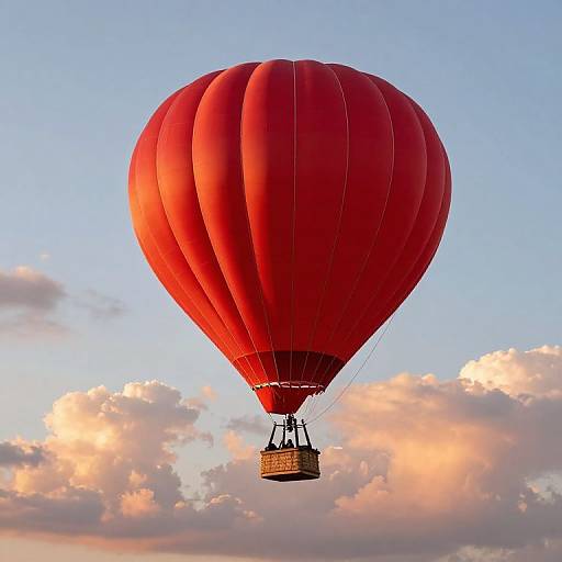 Photograph of a vibrant red hot air balloon with a wicker basket, floating against a clear blue sky with soft, pink-hued clouds.