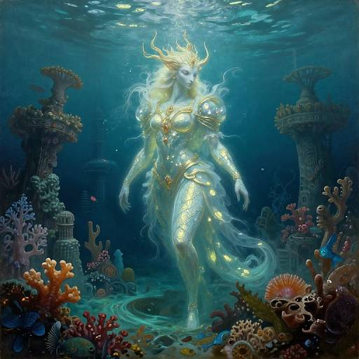 Digital artwork of a glowing, ethereal mermaid-like queen with golden horns, flowing hair, and illuminated body, surrounded by colorful coral and ancient stone