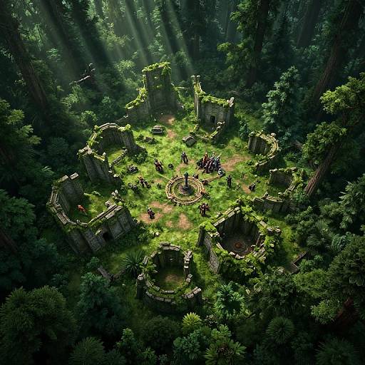 Aerial CGI of a sunlit, moss-covered, ancient ruin in a dense forest, surrounded by tall trees, with small groups of adventurers exploring.