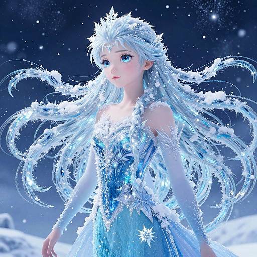 Digital art of Elsa from Frozen, with long, flowing, icy blue hair adorned with snowflakes, wearing a shimmering ice-blue dress, set