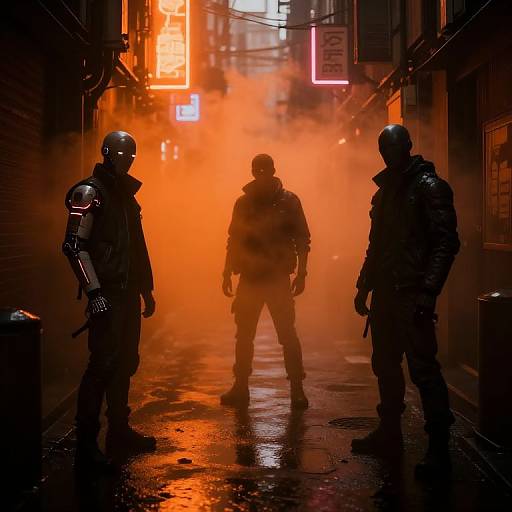 Photograph of three masked, armored figures standing in a neon-lit, smoky alley at night, silhouetted against a vibrant orange light