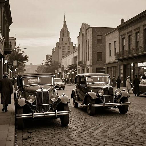 Sepia-toned photograph of two vintage cars driving down a cobblestone street in an early 20th-century city, with people walking and historic