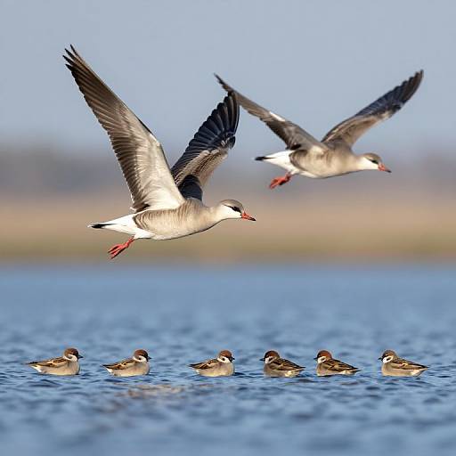Photograph of two black-headed gulls flying over a blue waterbody with five brown-and-white ducklings swimming below.