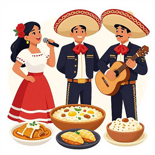 Colorful digital illustration of a Mexican couple in traditional attire, singing and playing guitar, with bowls of food and snacks.