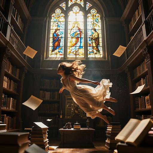 Magical Woman Floating in Ancient Library
