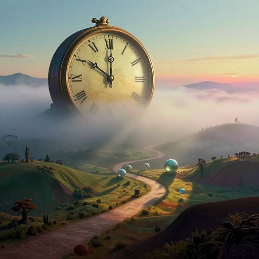 Photograph-like digital artwork of a giant clock emerging from mist, with glowing blue orbs along winding path, sunset sky, and rolling hills.