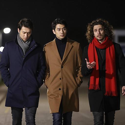 Three Men Strolling Under Night Lights