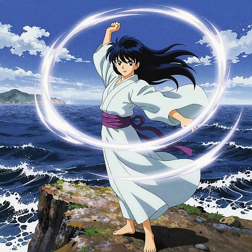 Anime-style digital illustration of a black-haired woman in a white kimono with a purple obi, creating a glowing circular energy ring by the ocean.