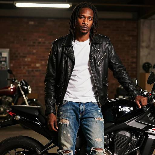 Photograph of a black man with long dreadlocks, wearing a black leather jacket, white t-shirt, and ripped blue jeans, standing in a dim