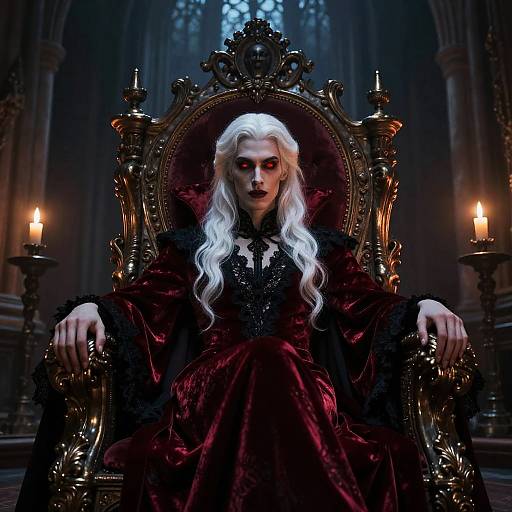 Digital artwork of a pale-skinned, white-haired woman with dark makeup, wearing a black and red velvet gown, sitting on an ornate golden throne