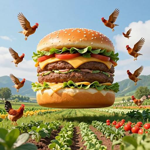 Surreal Floating Hamburger Farm with Chickens