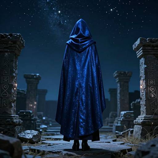 Mysterious figure in shimmering blue cloak stands amidst ancient, starlit ruins, illuminated by faint torchlight, under a starry night sky.