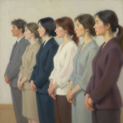 Photorealistic digital painting of six professionals standing in a line, side profile, in business and casual attire, against a plain white background.