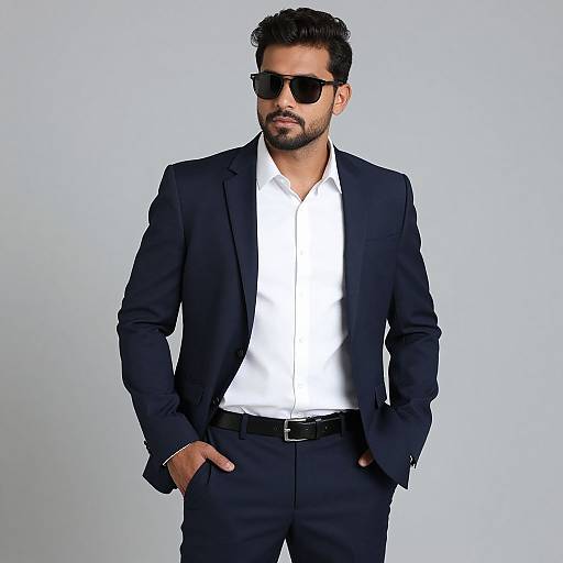 Photograph of a handsome, bearded man in a black suit, white shirt, and black sunglasses, standing against a plain light gray background with hands