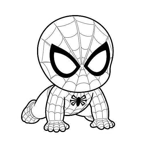 Black and white cartoon drawing of a chibi-style Spider-Man with large, expressive eyes, web-patterned suit, and crouched pose.