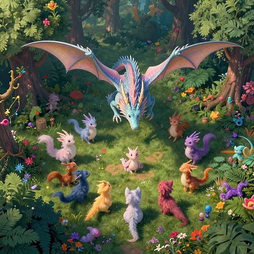 Digital fantasy artwork of a vibrant forest with colorful, fluffy, dragon-like creatures surrounding a large, glowing blue dragon with wings.