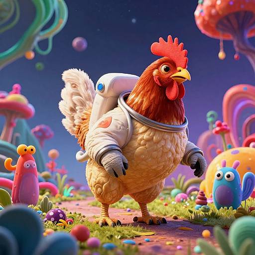 Digital art of a red-roosted chicken wearing a white, metallic spacesuit, standing in a colorful, surreal, mushroom-filled forest.