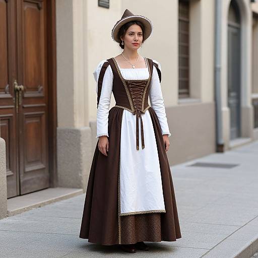 Photograph of a woman in 16th-century Renaissance attire, wearing a brown and white dress, white blouse, brown corset, and hat,