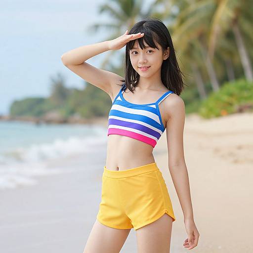 Photograph of an Asian woman with shoulder-length black hair, wearing a blue, white, and pink striped crop top and yellow shorts, saluting on
