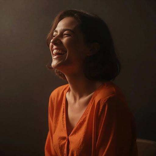 Bioluminescent Woman Laughing in Orange Mist