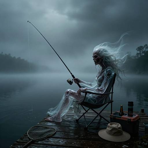 Mysterious, ethereal figure with flowing white hair fishes on a foggy, moonlit lake, seated on a wooden dock with tackle box and hat