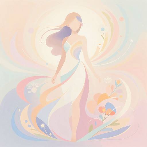 Digital painting of a slender, ethereal woman in a flowing, pastel-colored dress, surrounded by swirling, colorful floral patterns, bathed in soft