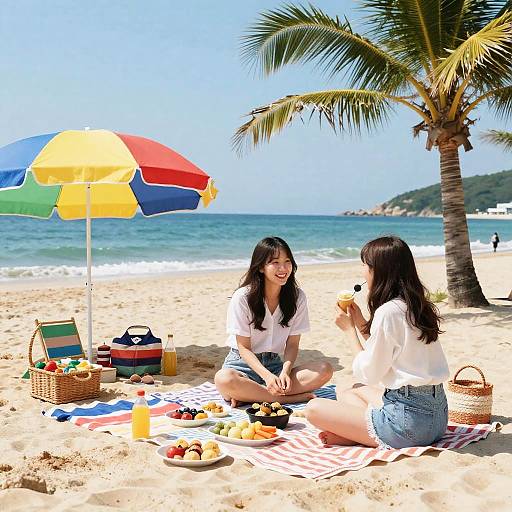 Photograph of two Asian women with long black hair, wearing white shirts and denim shorts, picnicking on a sunny beach under a colorful umbrella.