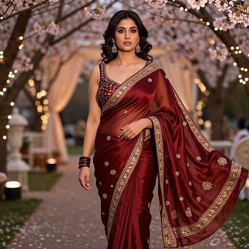 Photograph of an Indian woman with medium brown skin, wearing a deep red saree with gold embroidery, walking down a cherry blossom-lined path with string