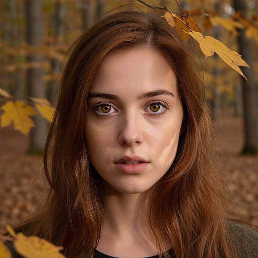 Photograph of a young woman with light skin, brown eyes, and long brown hair, standing in a forest with autumn leaves. Her expression is neutral