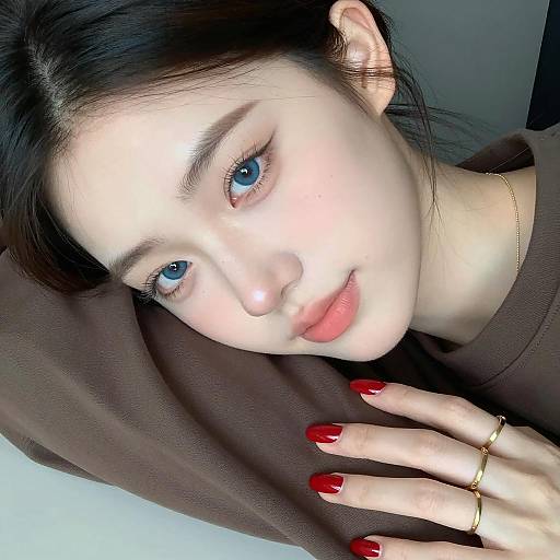 Young Woman with Blue Eyes and Red Nails