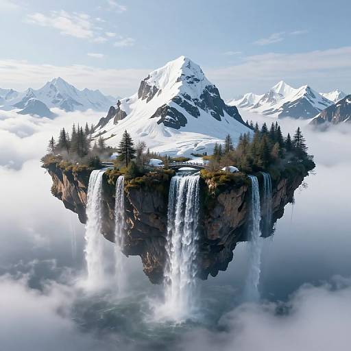 Photorealistic digital artwork of a floating island with twin waterfalls, snow-capped mountains, and evergreen trees, surrounded by mist and clouds.