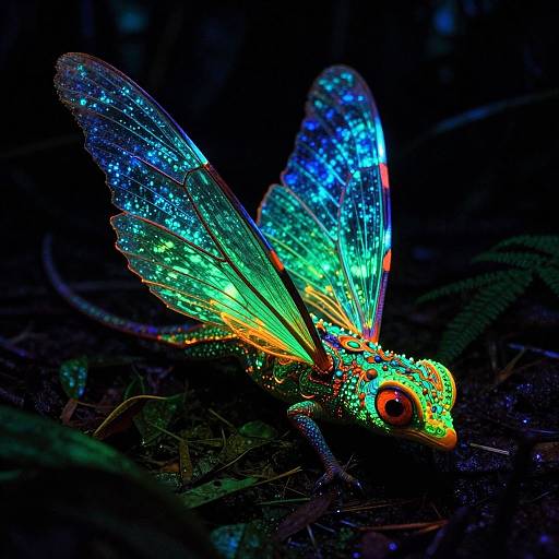 Vibrant, neon-lit, iridescent dragonfly with glowing blue, green, and red wings, lying on dark forest floor; photograph