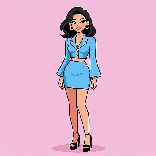 Digital illustration of a confident woman with black hair, wearing a blue blazer and skirt, midriff reveal, black heels, gold earrings, standing