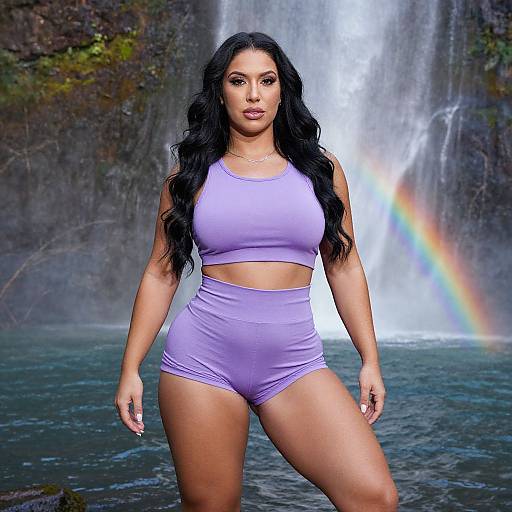 Confident Woman by Waterfall with Rainbow