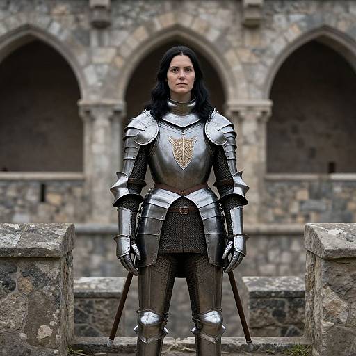 Photograph of a serious woman with long black hair in silver medieval armor, standing in front of a stone castle with arched windows. She holds swords