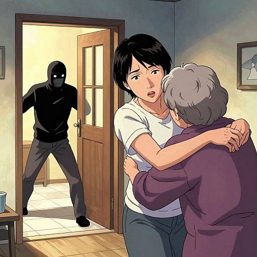Digital anime-style artwork showing a shocked young woman with short black hair, white shirt, hugging an older gray-haired woman in a purple sweater, as