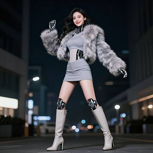 Photograph of a confident, dark-haired woman in a light gray dress, fur jacket, white knee-high boots, and black gloves, walking at night