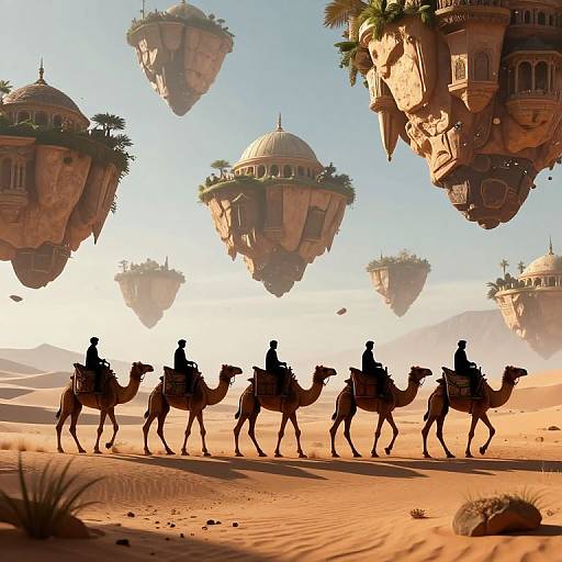 Digital art of a desert caravan with six silhouetted riders on camels, passing floating, dome-topped, plant-covered rock cities under a