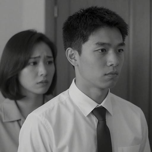 Serious young man with concerned woman in black and white