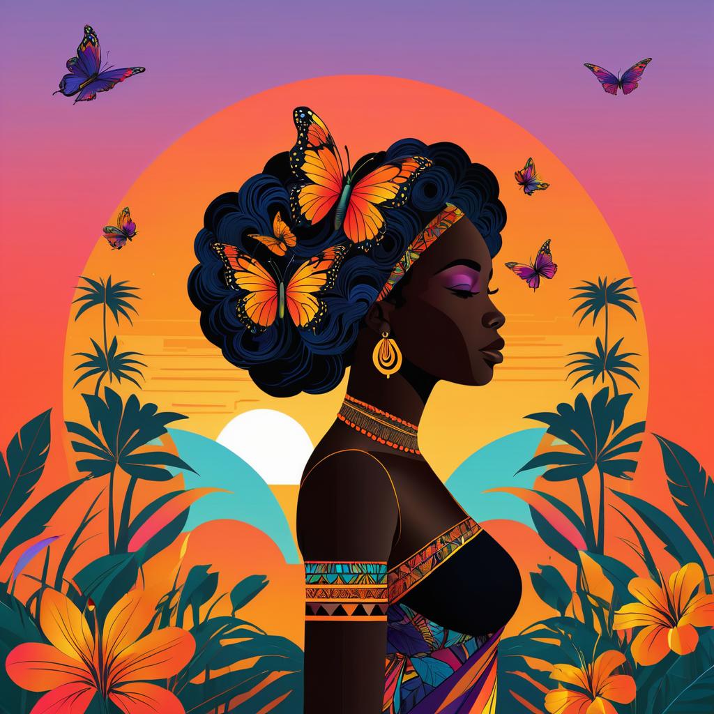 Serene Butterfly: Black Woman in Sunset