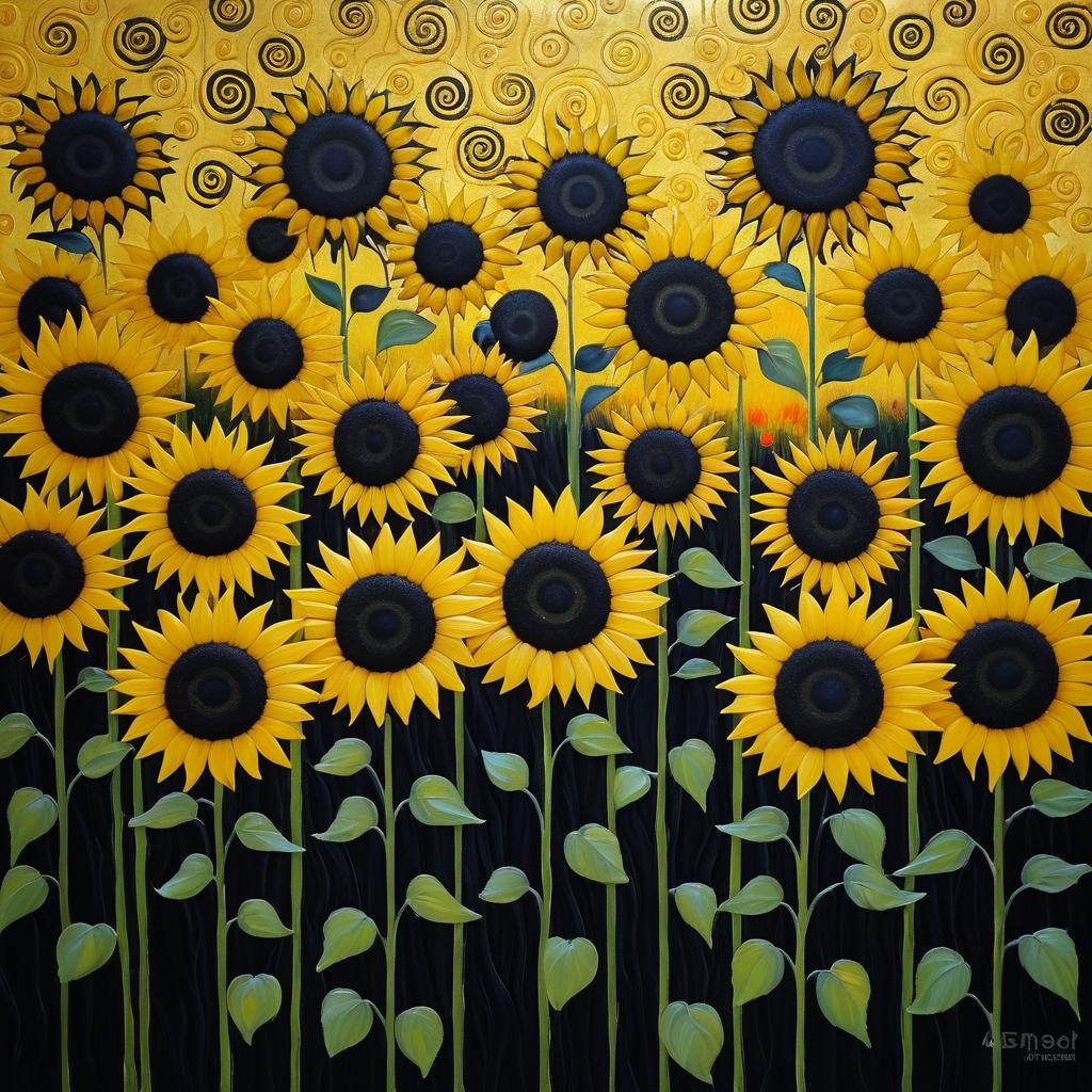 Klimt-Inspired Black Sunflower Artwork